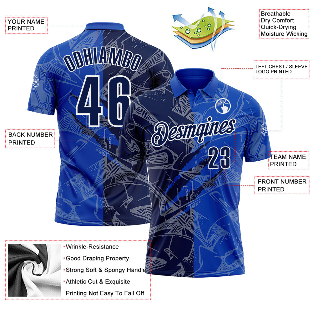 Custom Graffiti Pattern Navy Thunder Blue-White 3D Scratch Performance Polo Shirt