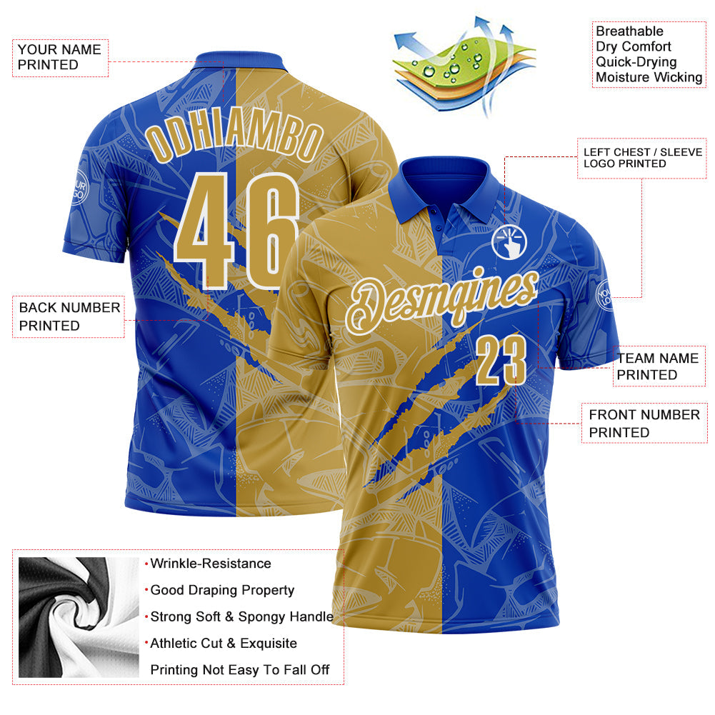 Custom Graffiti Pattern Old Gold Thunder Blue-White 3D Scratch Performance Polo Shirt