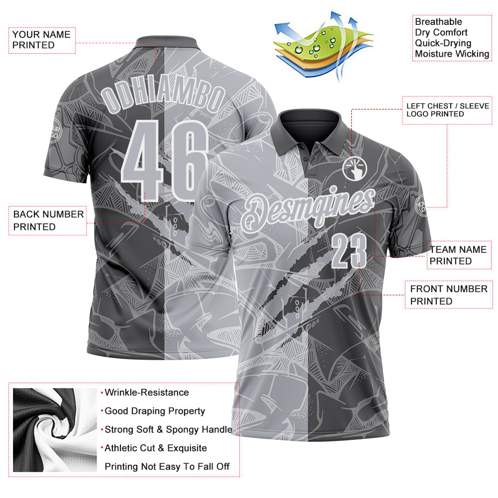 Custom Graffiti Pattern Gray Steel Gray-White 3D Scratch Performance Polo Shirt