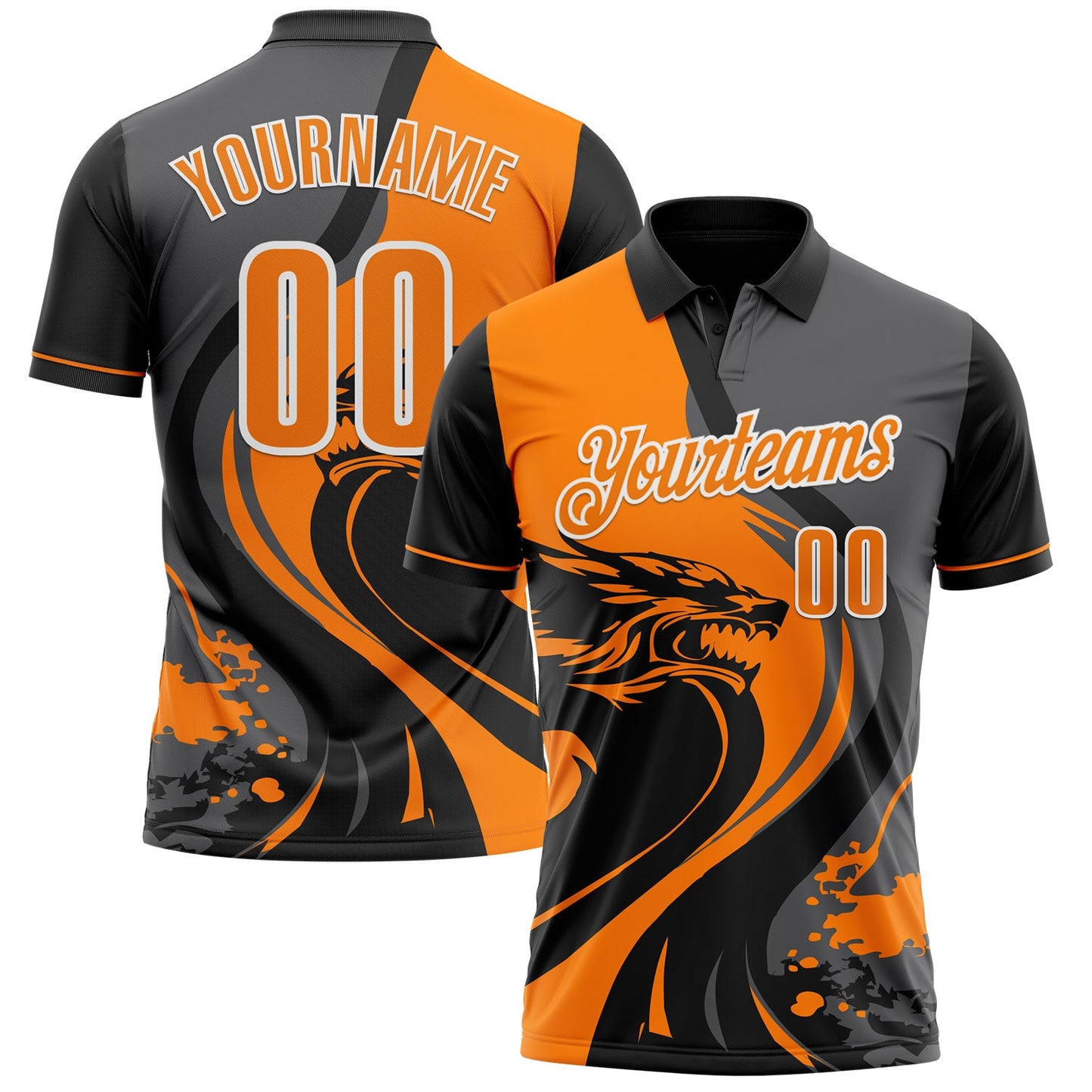 Custom Black Bay Orange Steel Gray-White 3D Pattern Design Animal Wolf And Splash Performance Polo Shirt