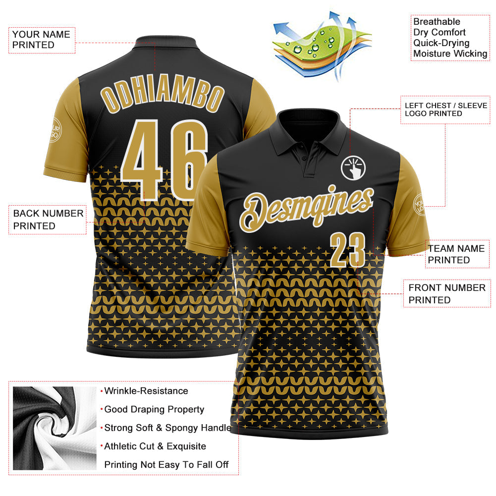 Custom Black Old Gold-White 3D Pattern Design Star Performance Polo Shirt