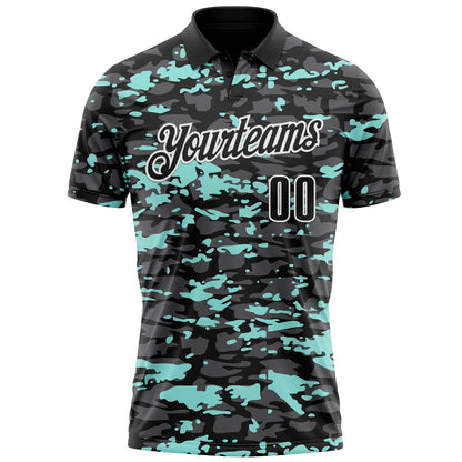 Custom Black Steel Gray Ice Blue-White 3D Pattern Design Splash Performance Polo Shirt