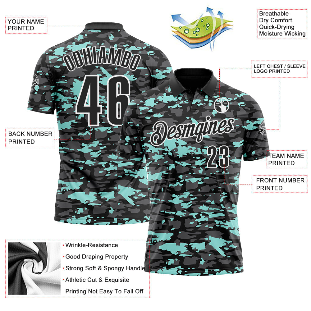 Custom Black Steel Gray Ice Blue-White 3D Pattern Design Splash Performance Polo Shirt