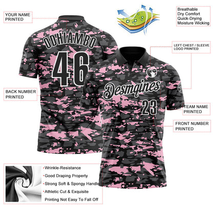 Custom Black Steel Gray Light Pink-White 3D Pattern Design Splash Performance Polo Shirt