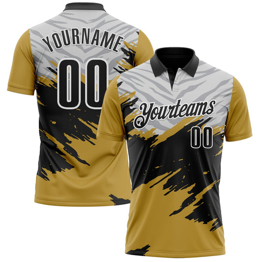 Custom Old Gold Black Gray-White 3D Pattern Design Splash Performance Polo Shirt