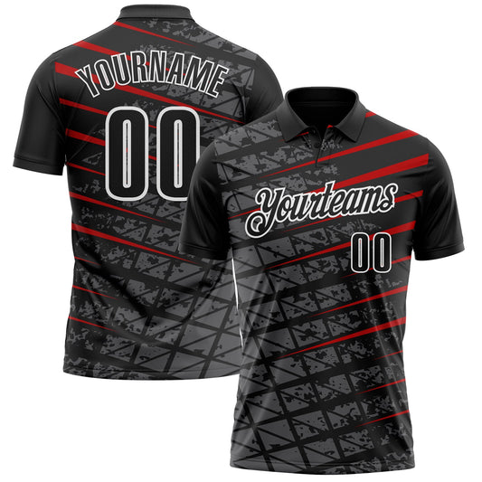 Custom Black Steel Gray Red-White 3D Pattern Design Grid And Fragment Art Performance Polo Shirt