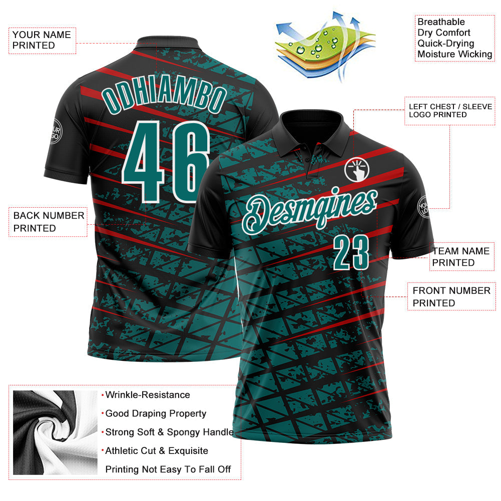 Custom Black Teal Red-White 3D Pattern Design Grid And Fragment Art Performance Polo Shirt