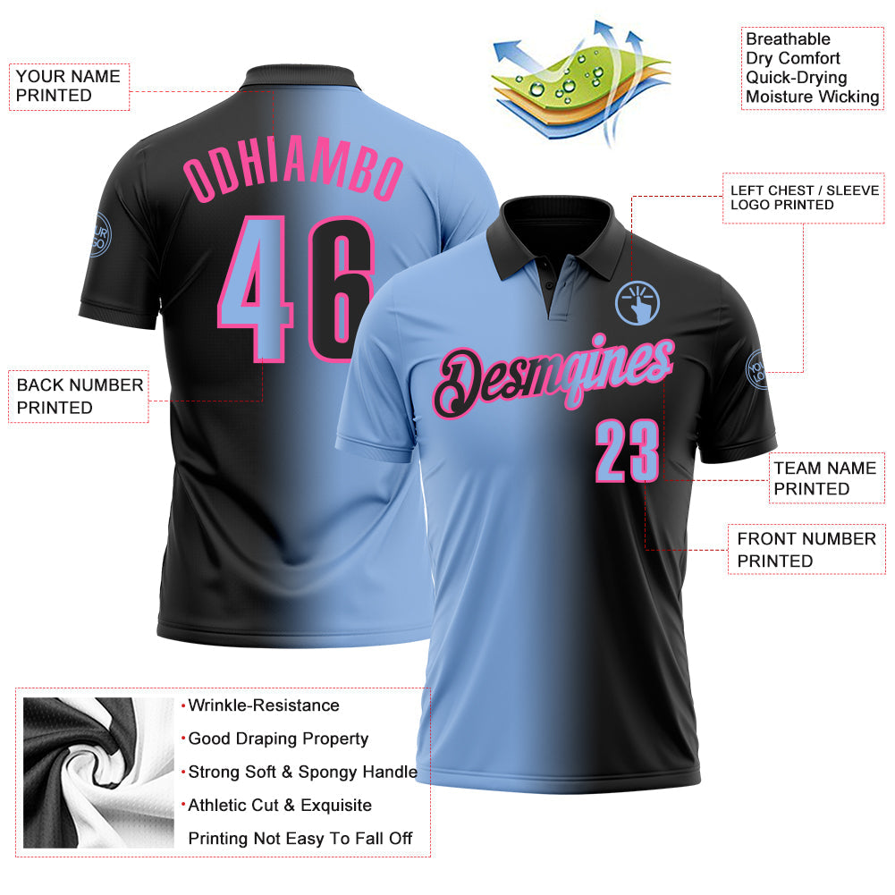 Custom Black Light Blue-Pink 3D Gradient Fashion Performance Polo Shirt