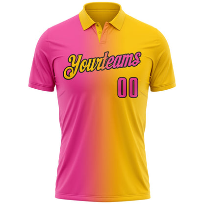 Custom Yellow Pink-Black 3D Gradient Fashion Performance Polo Shirt