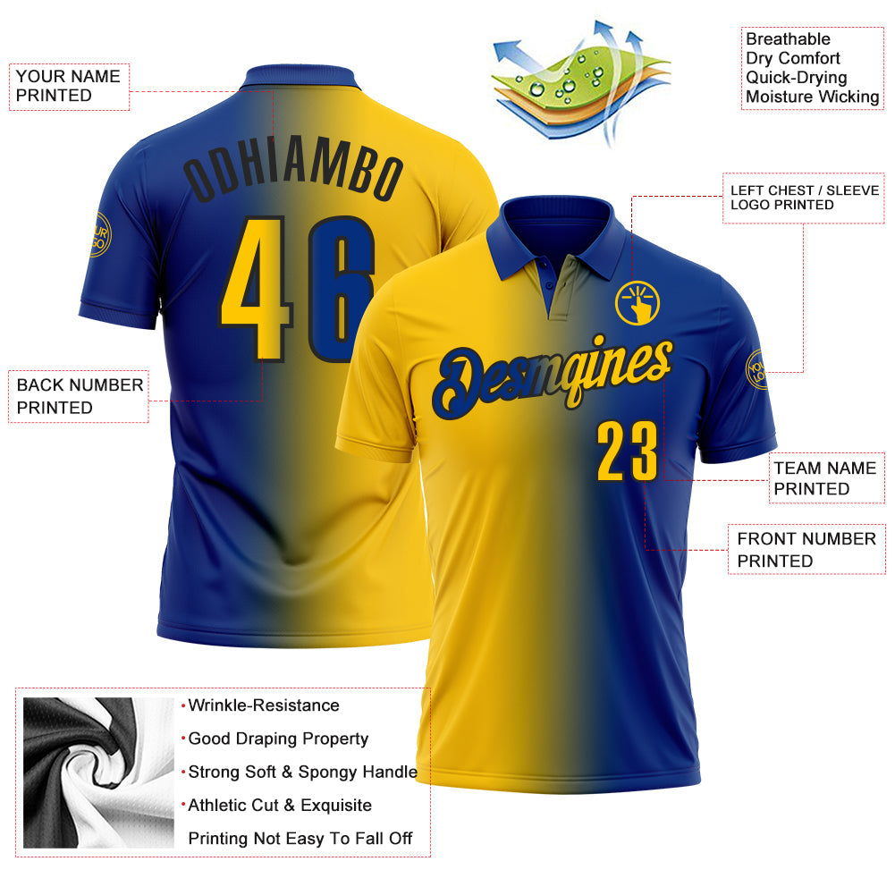 Custom Royal Yellow-Black 3D Gradient Fashion Performance Polo Shirt