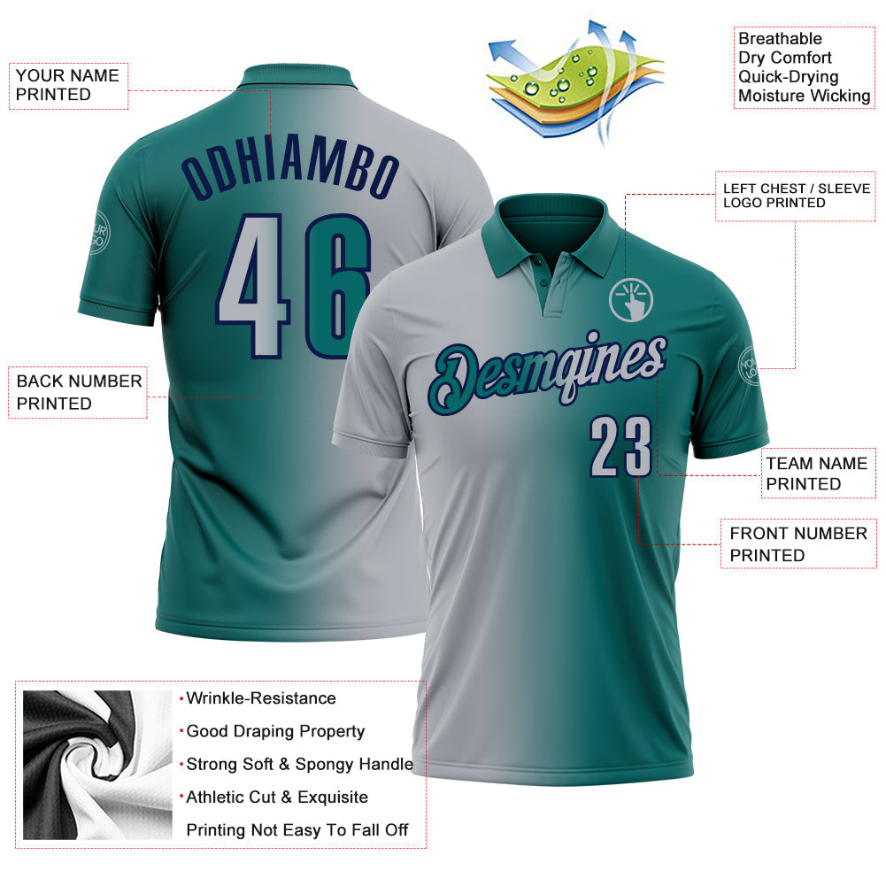 Custom Teal Gray-Navy 3D Gradient Fashion Performance Polo Shirt