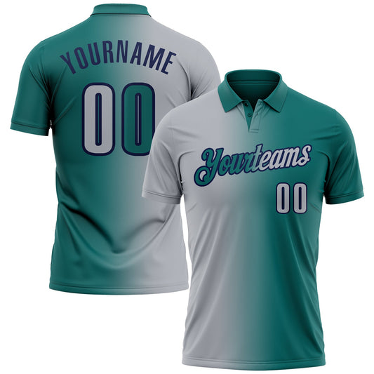 Custom Teal Gray-Navy 3D Gradient Fashion Performance Polo Shirt