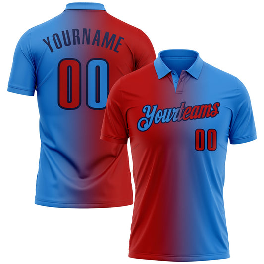 Custom Powder Blue Red-Navy 3D Gradient Fashion Performance Polo Shirt