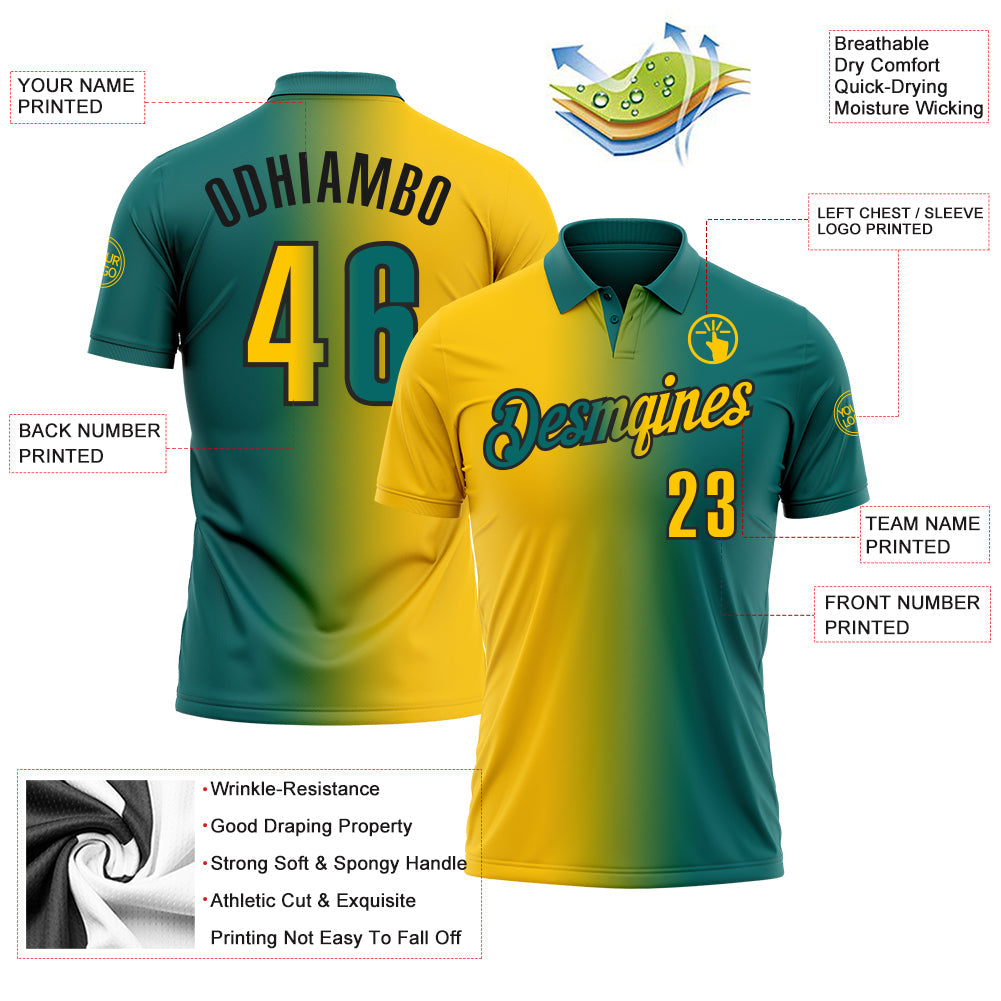Custom Teal Yellow-Black 3D Gradient Fashion Performance Polo Shirt