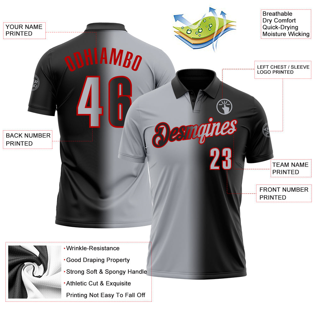 Custom Black Gray-Red 3D Gradient Fashion Performance Polo Shirt