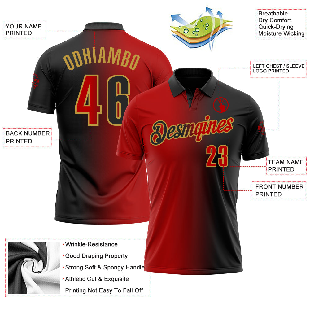 Custom Black Red-Old Gold 3D Gradient Fashion Performance Polo Shirt