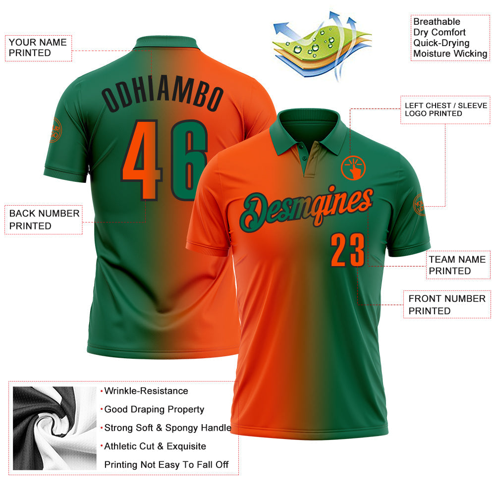 Custom Kelly Green Orange-Black 3D Gradient Fashion Performance Polo Shirt