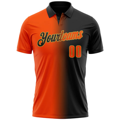 Custom Black Orange-Old Gold 3D Gradient Fashion Performance Polo Shirt
