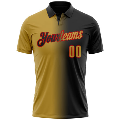Custom Black Old Gold-Red 3D Gradient Fashion Performance Polo Shirt