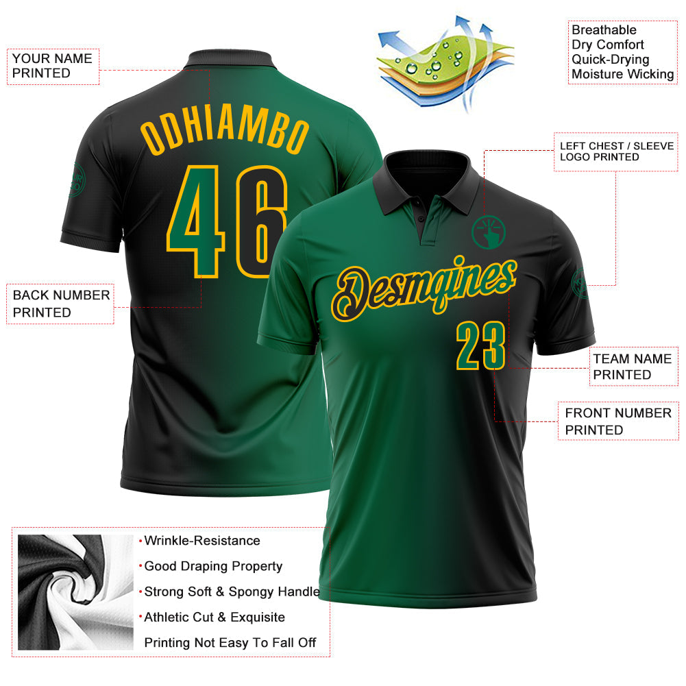 Custom Black Kelly Green-Gold 3D Gradient Fashion Performance Polo Shirt