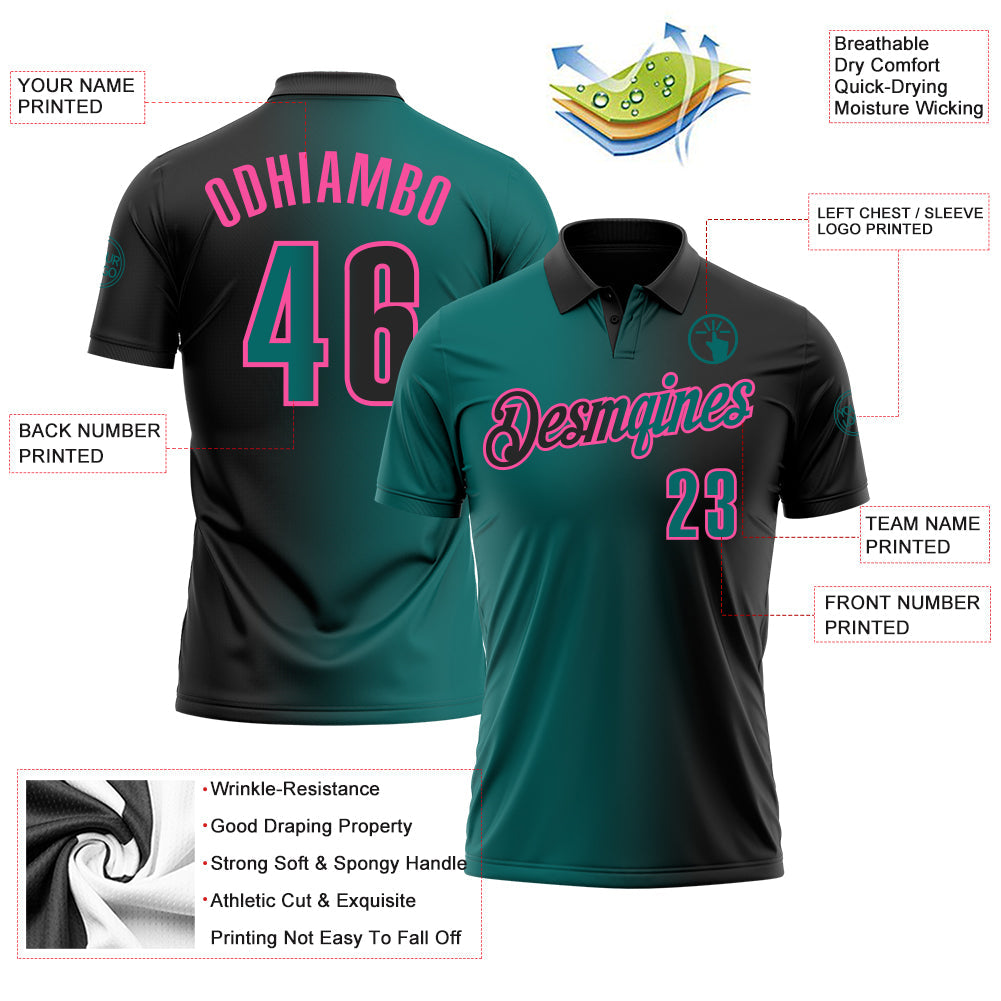 Custom Black Teal-Pink 3D Gradient Fashion Performance Polo Shirt