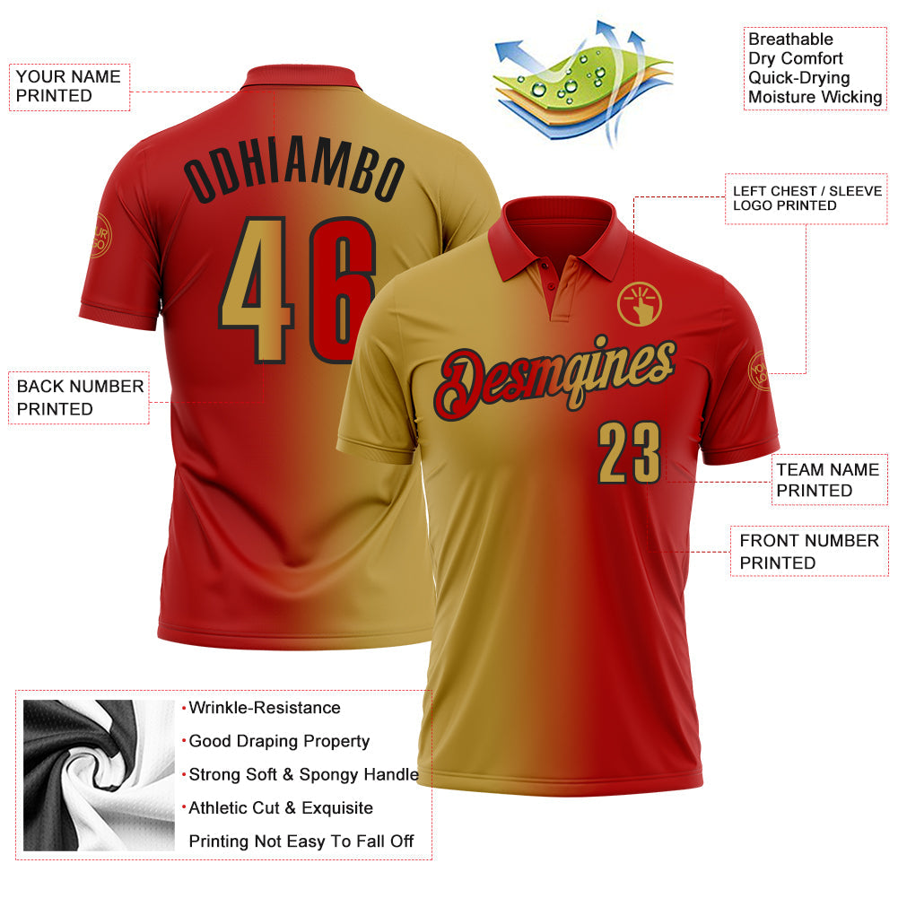 Custom Red Old Gold-Black 3D Gradient Fashion Performance Polo Shirt