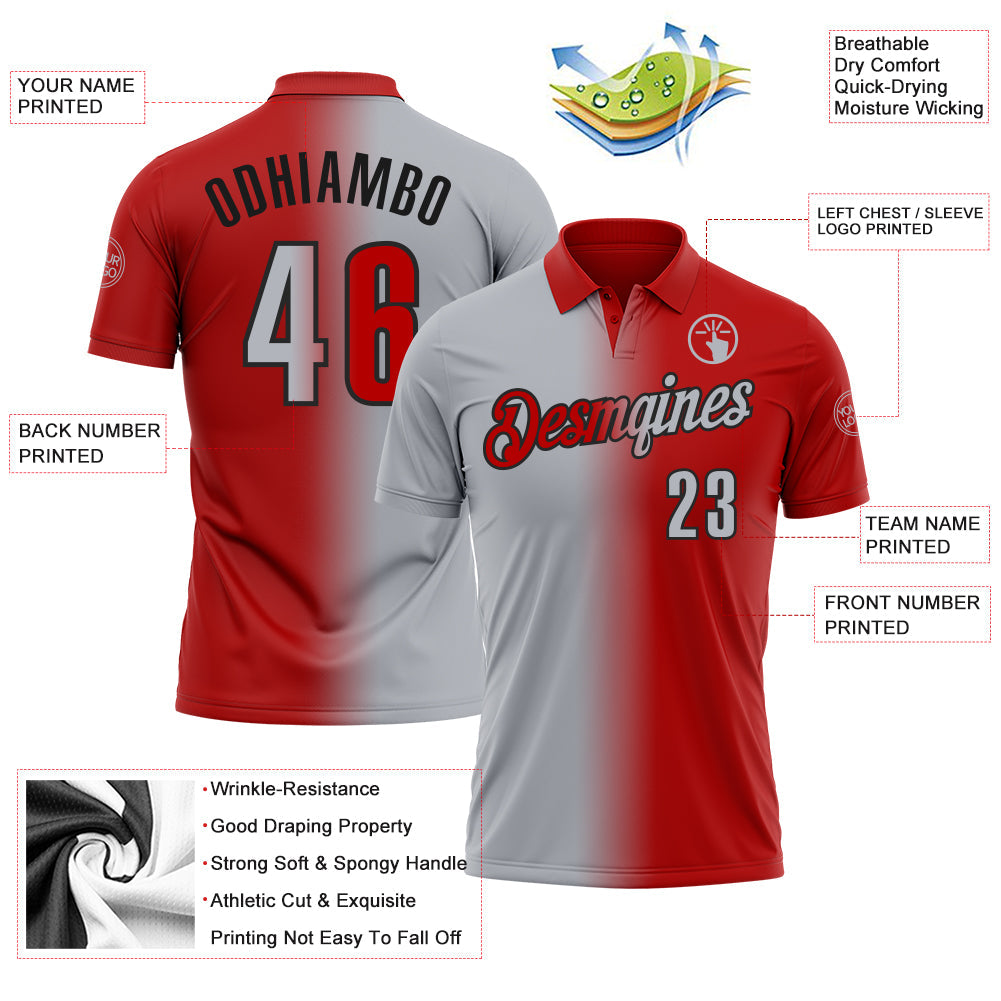 Custom Red Gray-Black 3D Gradient Fashion Performance Polo Shirt