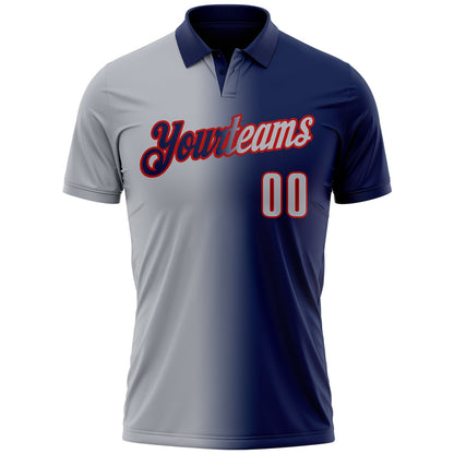 Custom Navy Gray-Red 3D Gradient Fashion Performance Polo Shirt