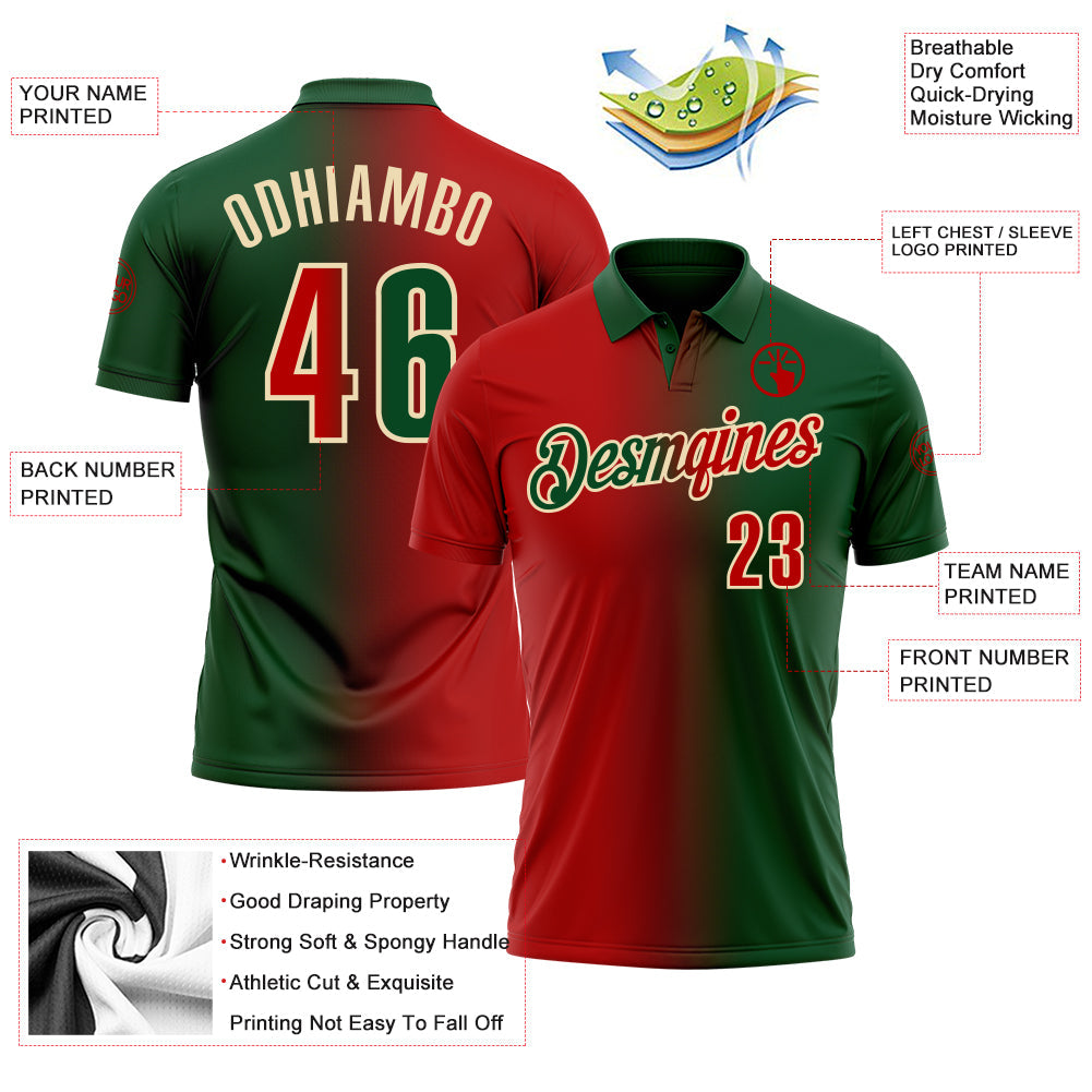 Custom Green Red-Cream 3D Gradient Fashion Performance Polo Shirt