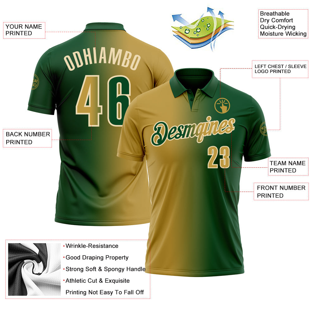 Custom Green Old Gold-Cream 3D Gradient Fashion Performance Polo Shirt
