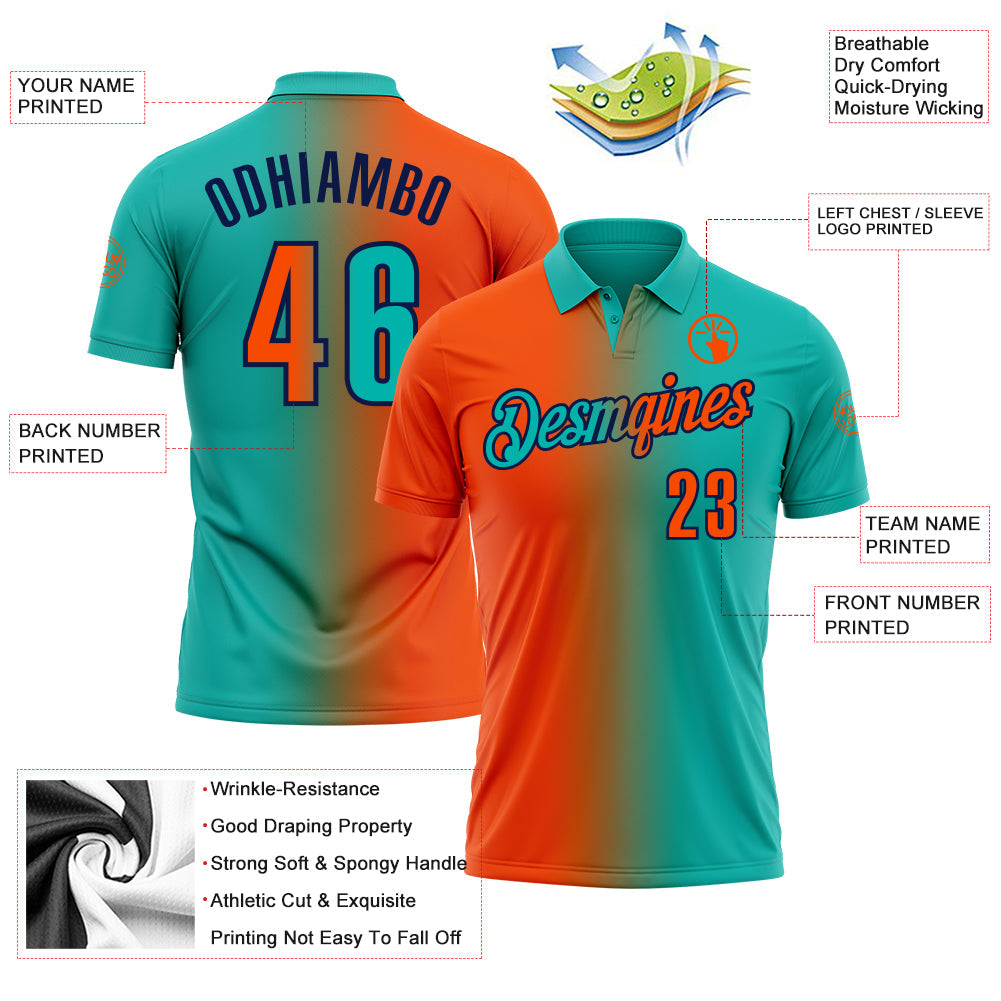 Custom Aqua Orange-Navy 3D Gradient Fashion Performance Polo Shirt