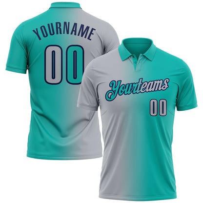Custom Aqua Gray-Navy 3D Gradient Fashion Performance Polo Shirt