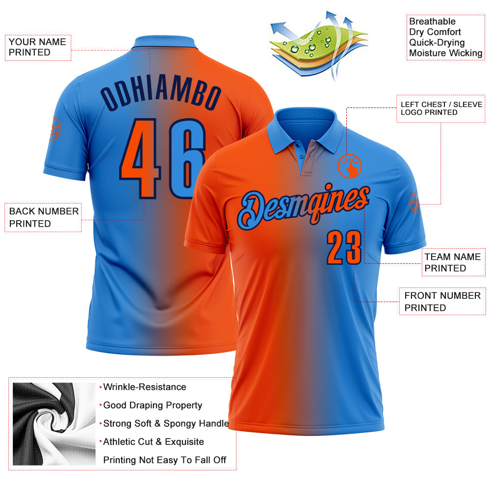 Custom Powder Blue Orange-Navy 3D Gradient Fashion Performance Polo Shirt