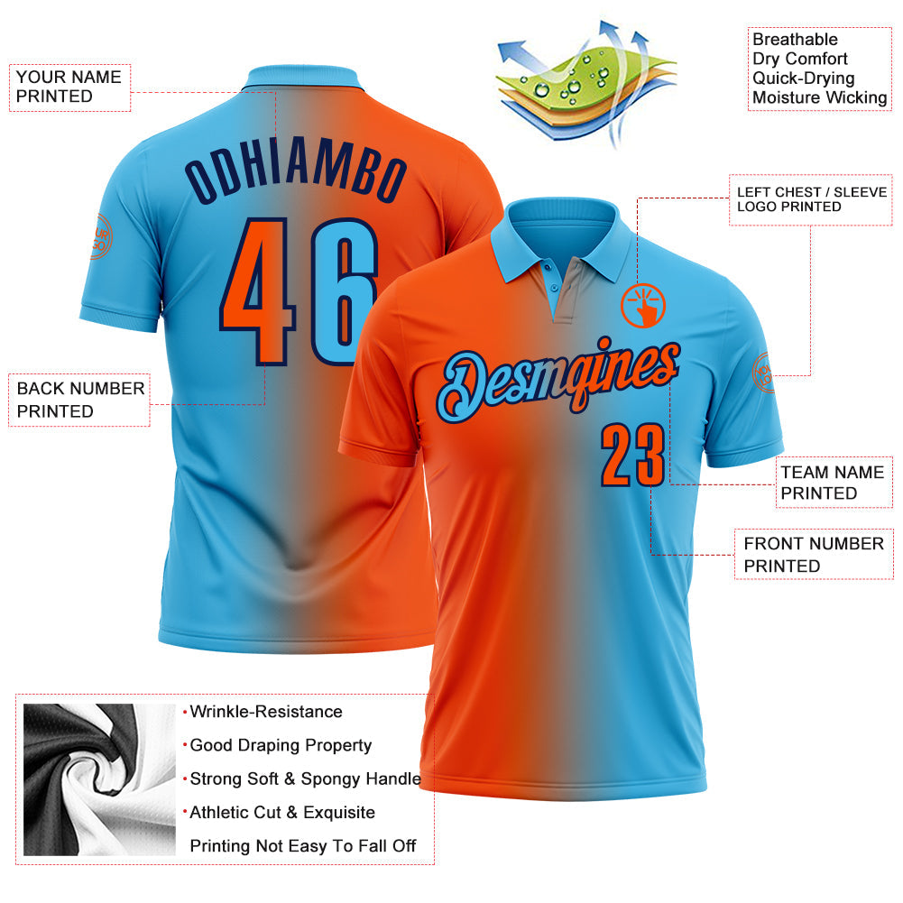 Custom Sky Blue Orange-Navy 3D Gradient Fashion Performance Polo Shirt