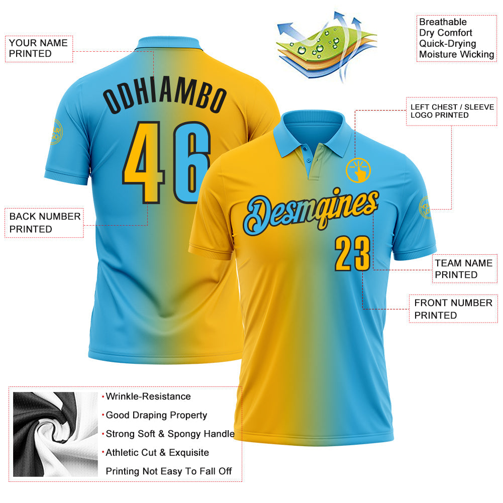 Custom Sky Blue Gold-Black 3D Gradient Fashion Performance Polo Shirt