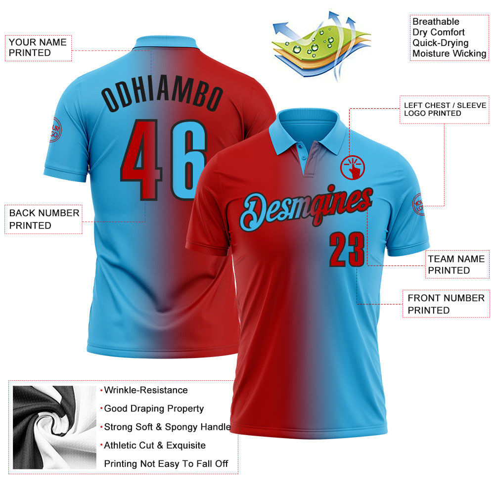 Custom Sky Blue Red-Black 3D Gradient Fashion Performance Polo Shirt