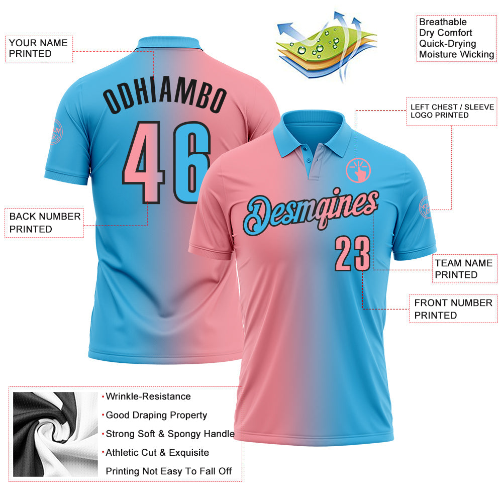 Custom Sky Blue Medium Pink-Black 3D Gradient Fashion Performance Polo Shirt
