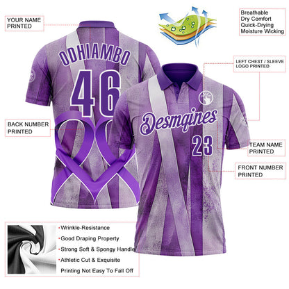 Custom Purple White 3D Pattern Design Purple Ribbon Testicular Cancer Awareness Performance Polo Shirt