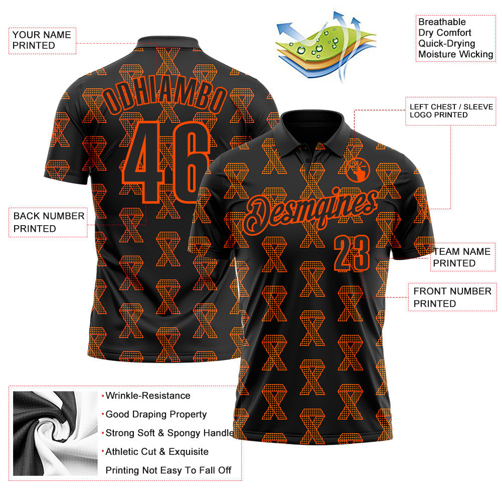 Custom Black Orange 3D Pattern Design Orange Ribbon Kidney Cancer Awareness Performance Polo Shirt