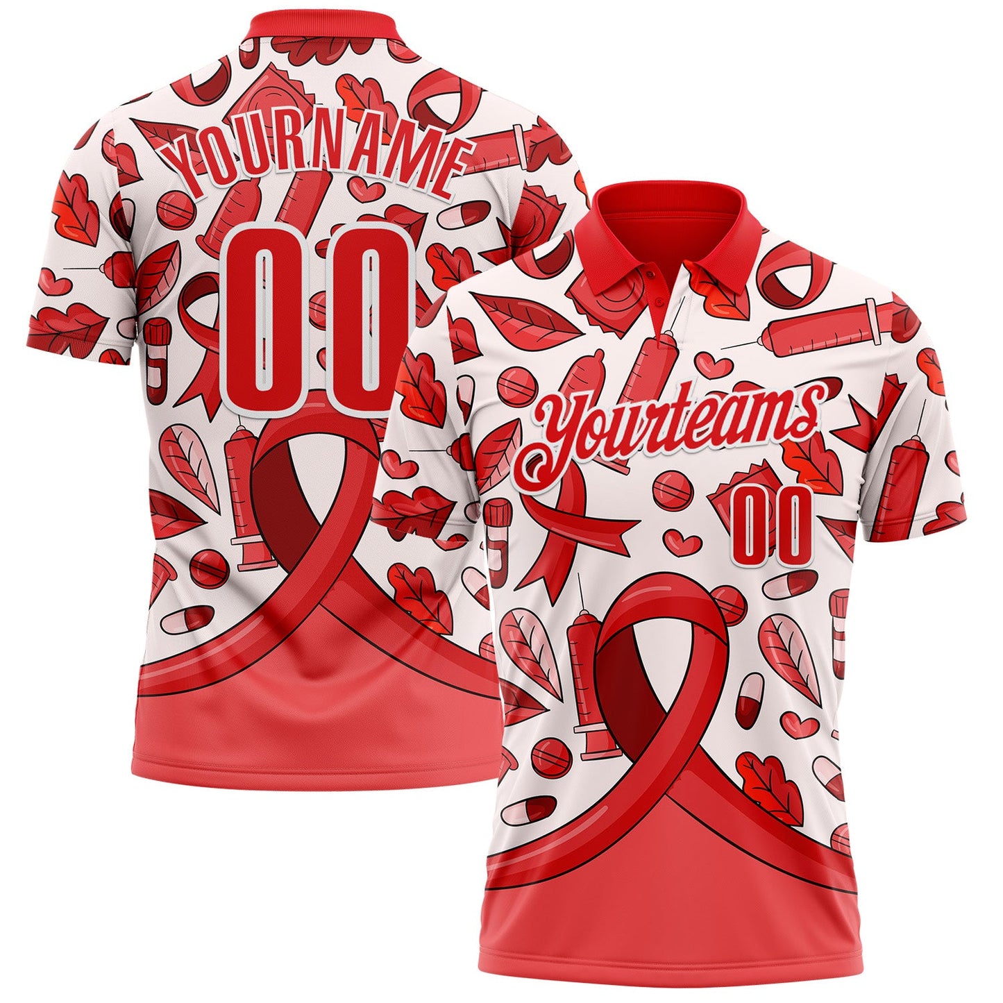Custom Fire Red White 3D Pattern Design Red Ribbon Blood Cancer Cancer Awareness Performance Polo Shirt