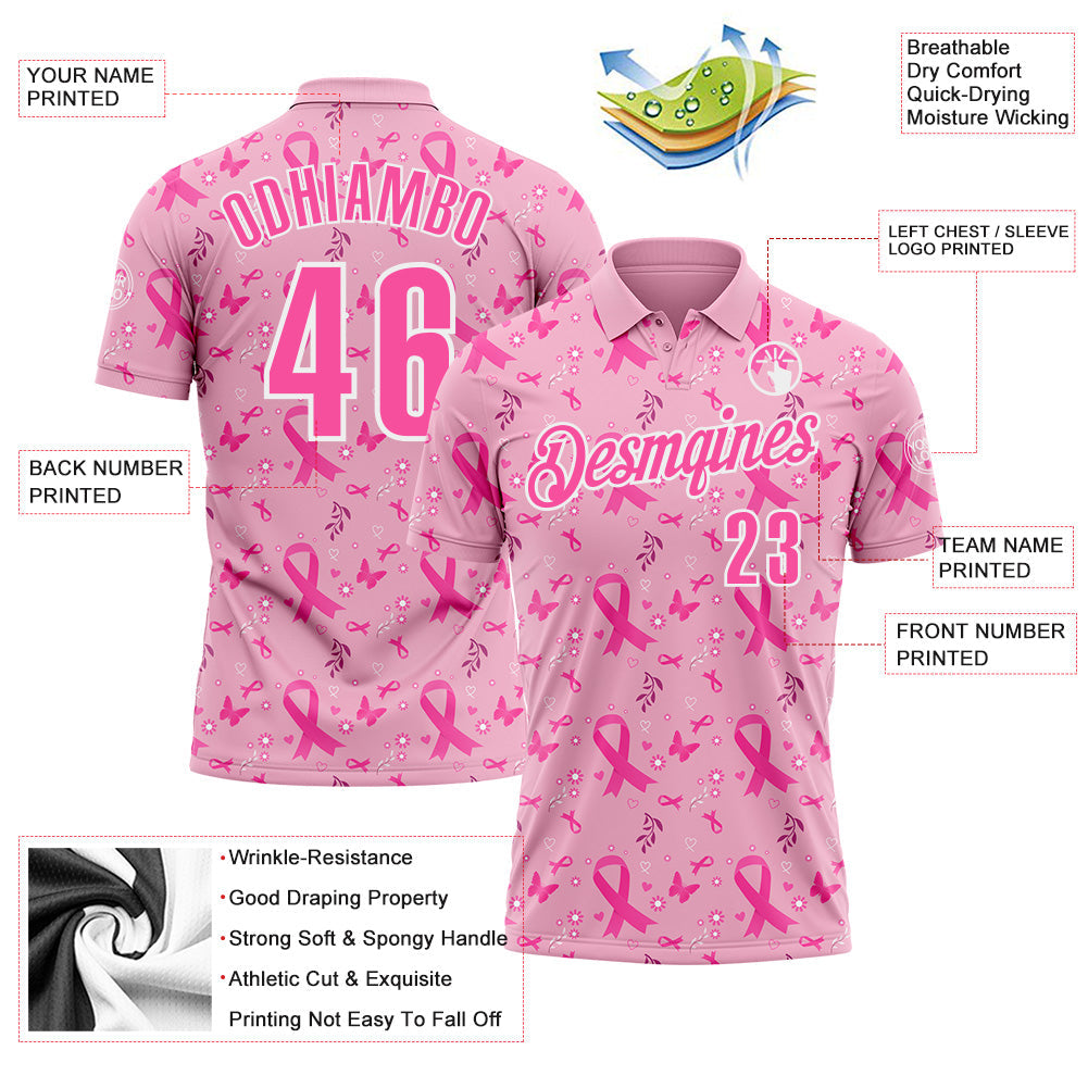 Custom Light Pink Pink-White 3D Pink Ribbon Breast Cancer Awareness Performance Polo Shirt