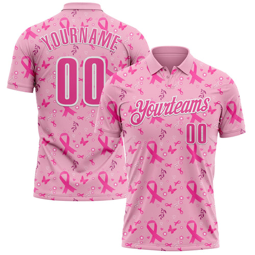 Custom Light Pink Pink-White 3D Pink Ribbon Breast Cancer Awareness Performance Polo Shirt