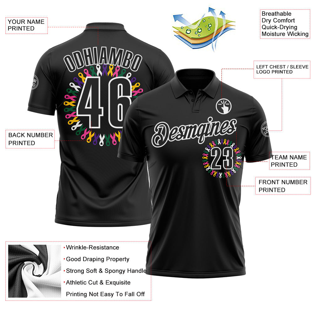 Custom Black White 3D Pattern Design Ribbon Cancer Awareness World Cancer Day Performance Polo Shirt