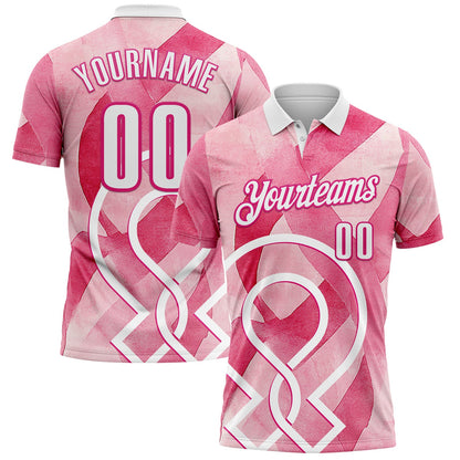 Custom Pink White-Hot Pink 3D Pink Ribbon Breast Cancer Awareness Performance Polo Shirt