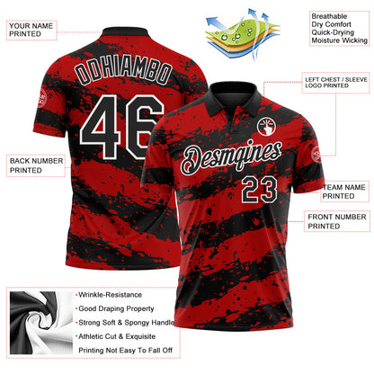 Custom Black Red-White Paint Splash Stripe Performance Polo Shirt