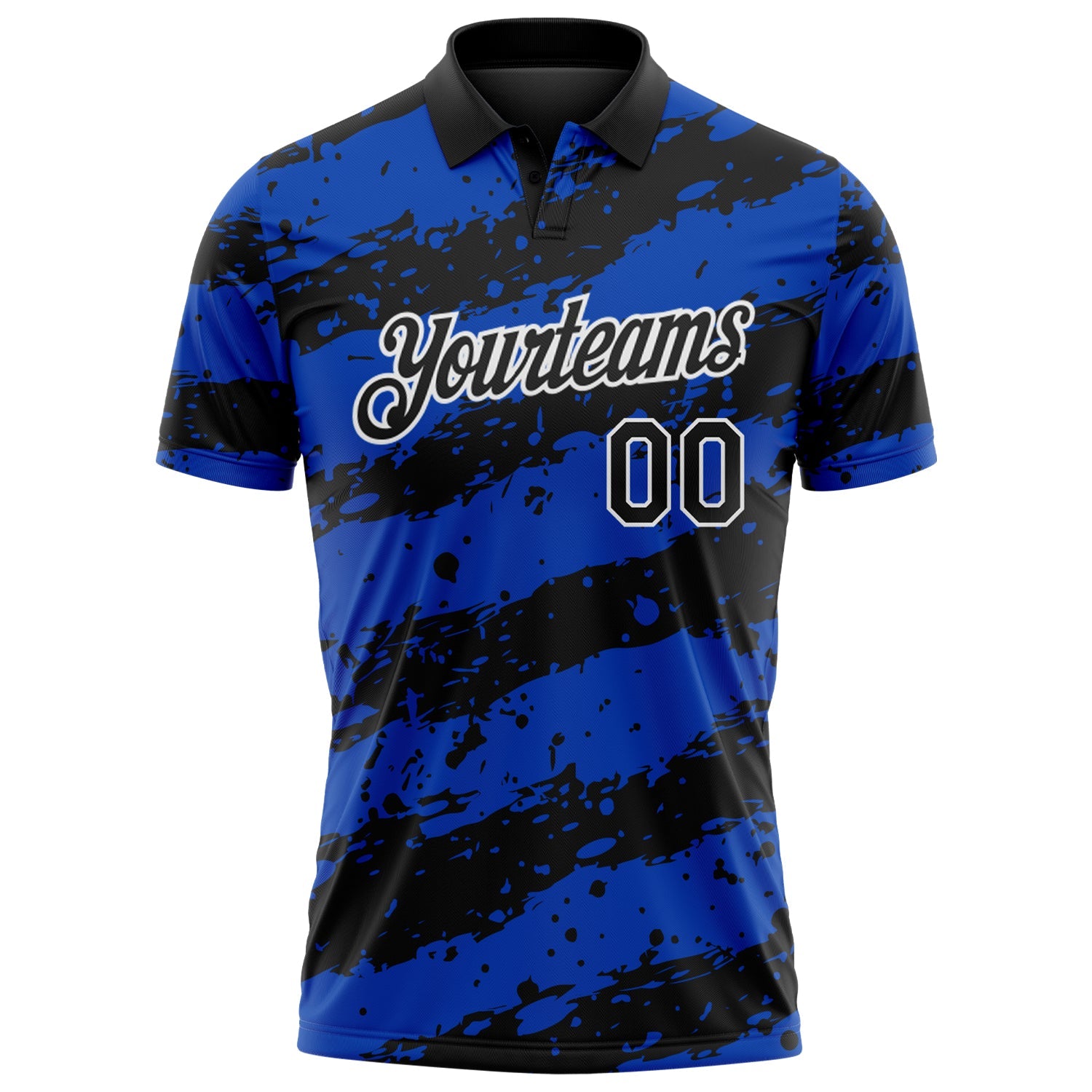 Custom Black Thunder Blue-White Paint Splash Stripe Performance Polo Shirt
