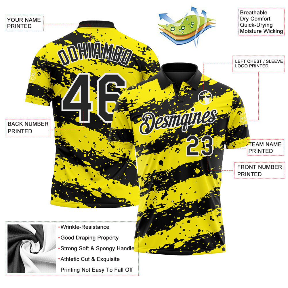 Custom Black Light Yellow-White Paint Splash Stripe Performance Polo Shirt