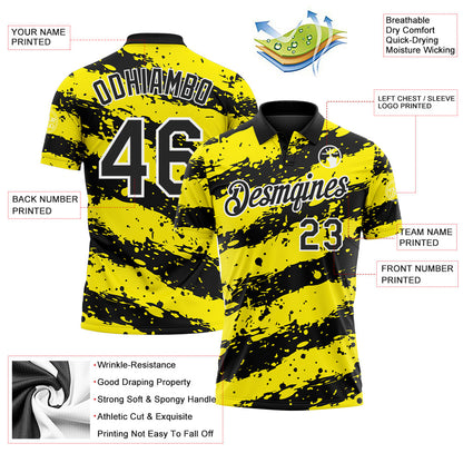 Custom Black Light Yellow-White Paint Splash Stripe Performance Polo Shirt