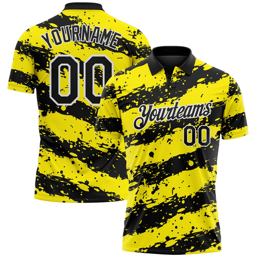 Custom Black Light Yellow-White Paint Splash Stripe Performance Polo Shirt