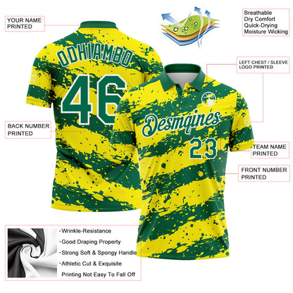 Custom Kelly Green Light Yellow-White Paint Splash Stripe Performance Polo Shirt